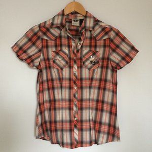 Harley Davidson Womens Plaid Blouse XS Orange White Black Pearl Snap Cap Sleeve